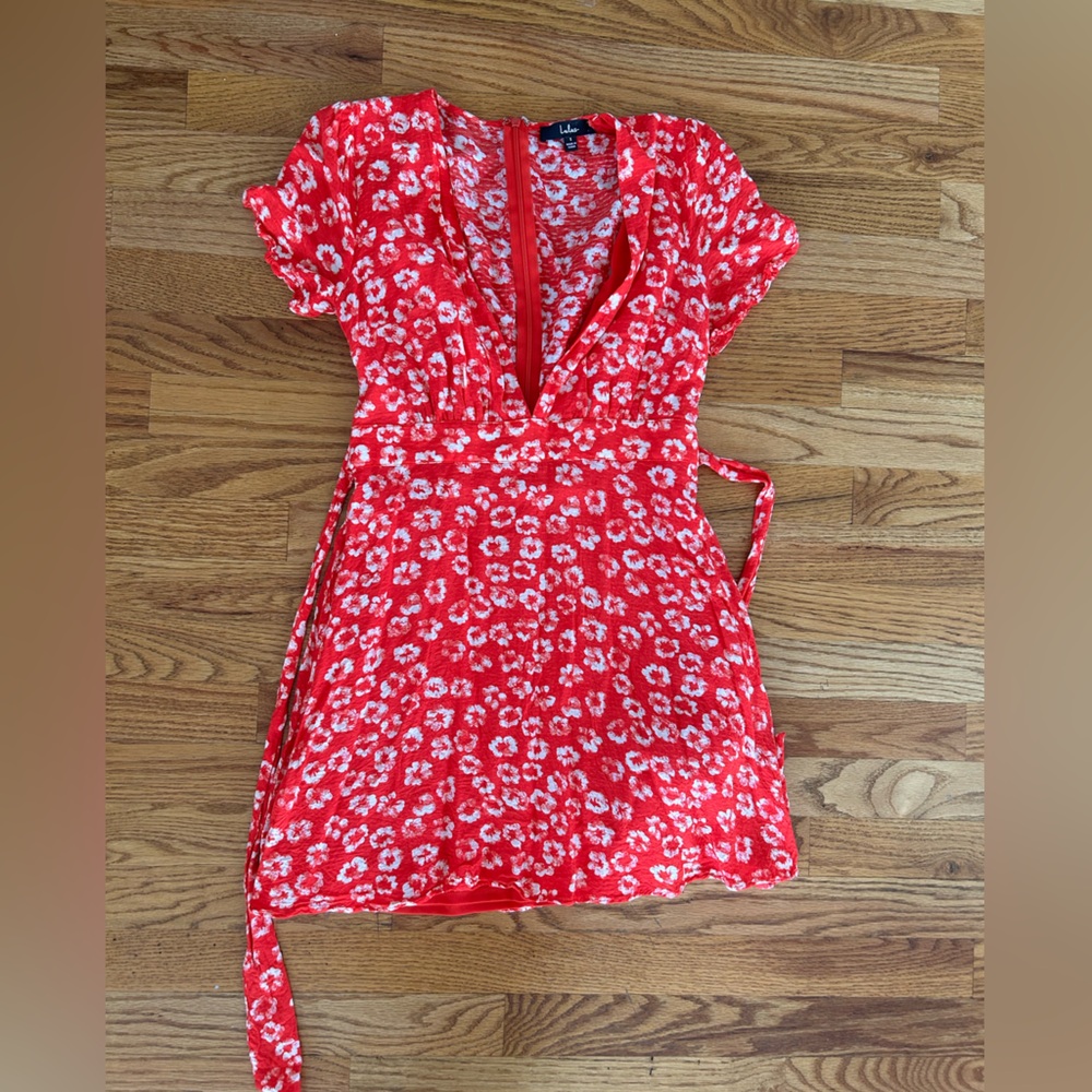 Lulu's Red and White Floral Dress with Deep V and Tie
